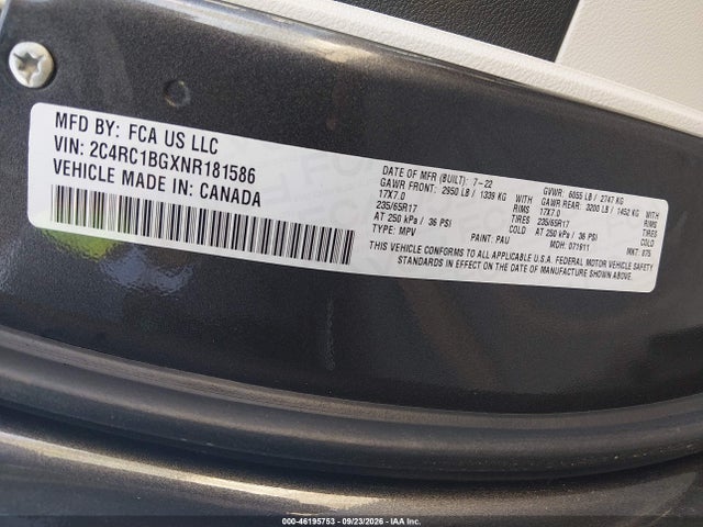 2022 Chrysler Pacifica Touring L მანქანა იყიდება აუქციონზე, vin: 2C4RC1BGXNR181586, აუქციონის ნომერი: 46195753