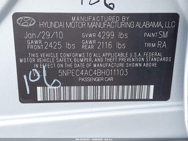 2011 Hyundai Sonata Limited მანქანა იყიდება აუქციონზე, vin: 5NPEC4AC4BH011103, აუქციონის ნომერი: 46195763