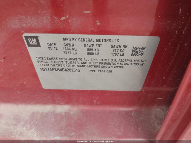 Продаж на аукціоні авто 2012 Chevrolet Sonic Ls, vin: 1G1JA5SH4C4202315, номер лоту: 46195775