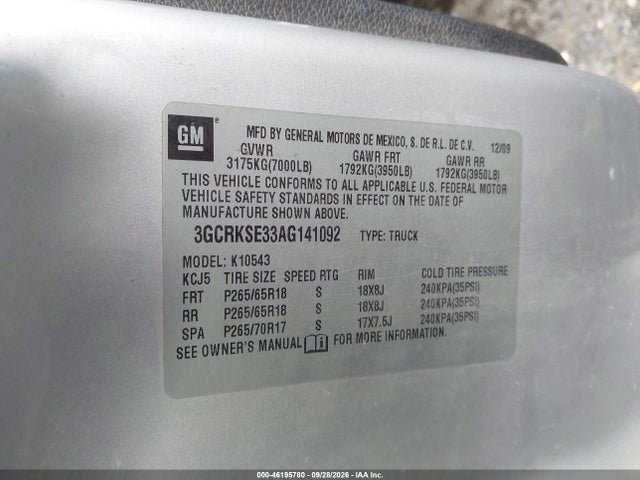 46195780 :رقم المزاد ، 3GCRKSE33AG141092 vin ، 2010 Chevrolet Silverado 1500 Lt مزاد بيع