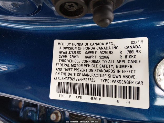 2015 Honda Civic Ex-l მანქანა იყიდება აუქციონზე, vin: 2HGFB2F99FH527725, აუქციონის ნომერი: 46195785