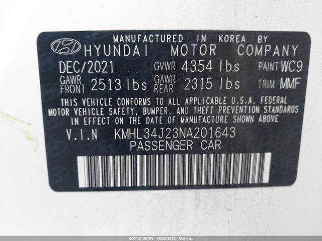 46195796 :رقم المزاد ، KMHL34J23NA201643 vin ، 2022 Hyundai Sonata Limited مزاد بيع