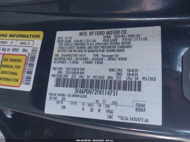 Ford FUSION SE 2015 3FA6P0H72FR114751 Image 9