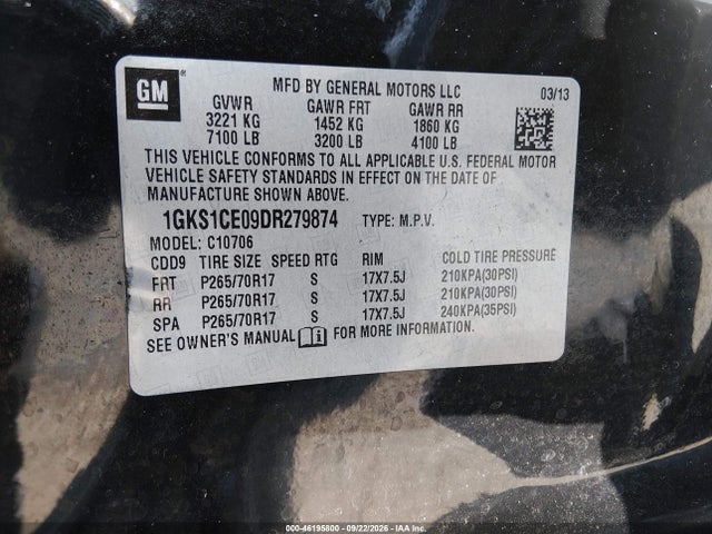 46195800 :رقم المزاد ، 1GKS1CE09DR279874 vin ، 2013 Gmc Yukon Slt مزاد بيع