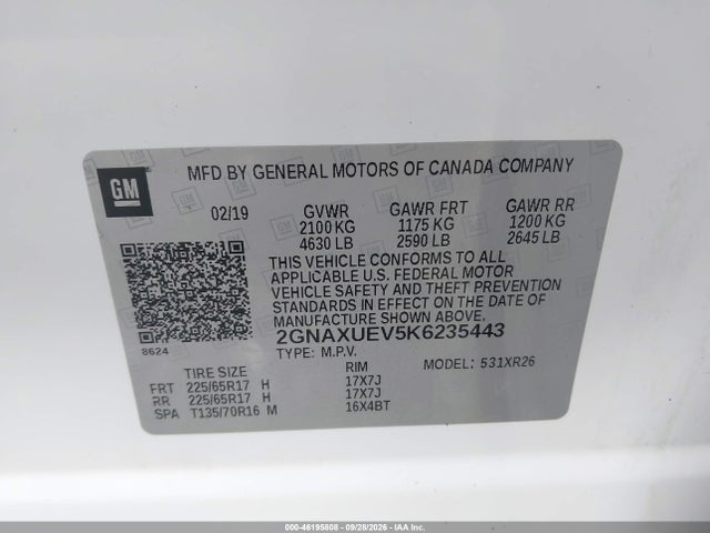 2019 Chevrolet Equinox Lt მანქანა იყიდება აუქციონზე, vin: 2GNAXUEV5K6235443, აუქციონის ნომერი: 46195808