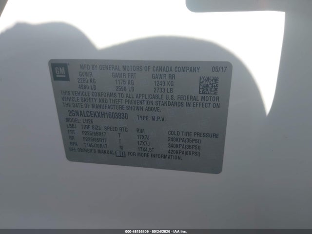 Chevrolet EQUINOX LT 2017 2GNALCEKXH1603830 Image 9