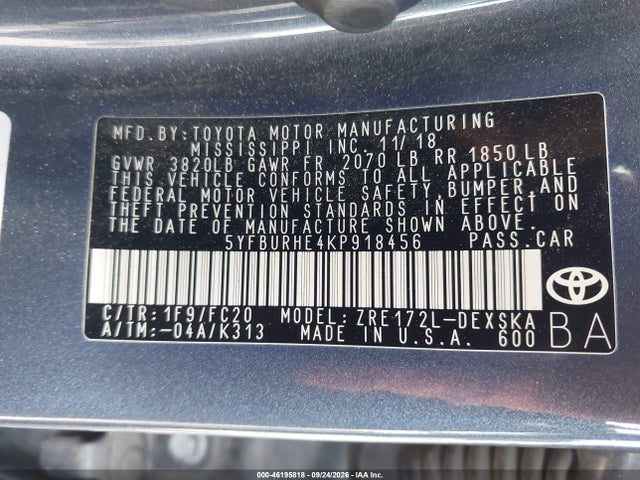 Продаж на аукціоні авто 2019 Toyota Corolla Se, vin: 5YFBURHE4KP918456, номер лоту: 46195818