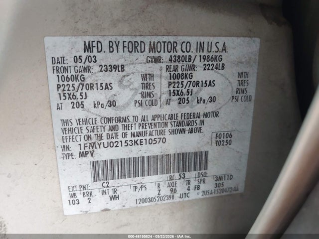2003 Ford Escape Xls მანქანა იყიდება აუქციონზე, vin: 1FMYU02153KE10570, აუქციონის ნომერი: 46195824