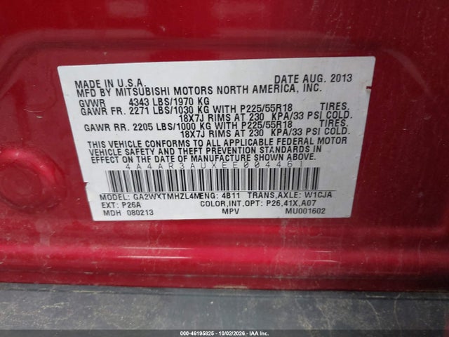46195825 :رقم المزاد ، 4A4AR3AUXEE004461 vin ، 2014 Mitsubishi Outlander Sport Es مزاد بيع