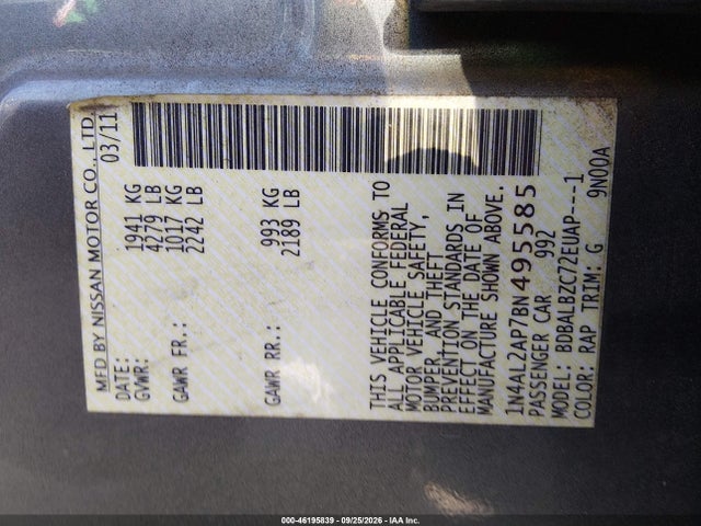 46195839 :رقم المزاد ، 1N4AL2AP7BN495585 vin ، 2011 Nissan Altima 2.5 S مزاد بيع