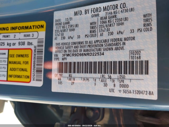 46195854 :رقم المزاد ، 3FMCR9D98NRD22534 vin ، 2022 Ford Bronco Sport Badlands مزاد بيع