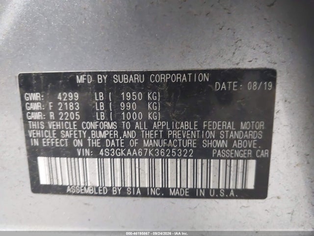 2019 Subaru Impreza 2.0i მანქანა იყიდება აუქციონზე, vin: 4S3GKAA67K3625322, აუქციონის ნომერი: 46195867
