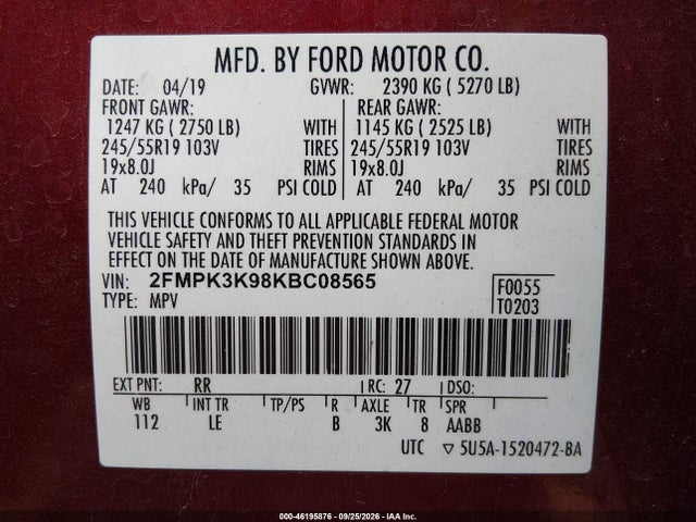 46195876 :رقم المزاد ، 2FMPK3K98KBC08565 vin ، 2019 Ford Edge Titanium مزاد بيع