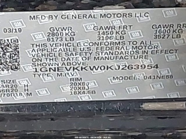 Aukcja sprzedaży 2019 Chevrolet Traverse Premier, vin: 1GNEVKKW0KJ263954, numer aukcji: 46195878