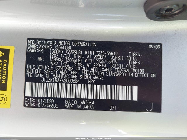 Aukcja sprzedaży 2010 Lexus Rx 350, vin: JTJZK1BAXA2000684, numer aukcji: 46195882