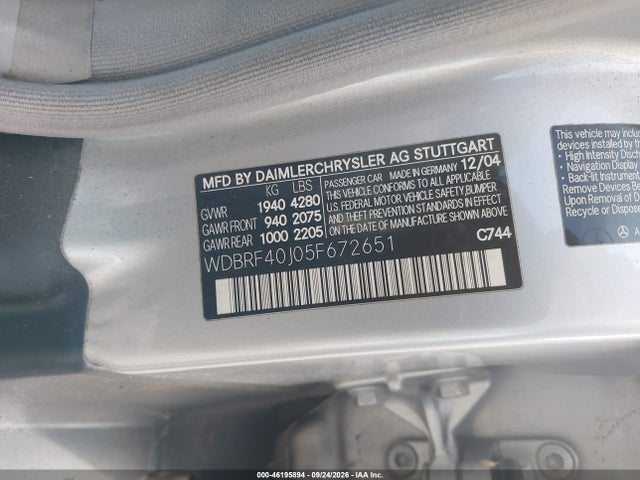 46195894 :رقم المزاد ، WDBRF40J05F672651 vin ، 2005 Mercedes-benz C 230 Kompressor Sport مزاد بيع