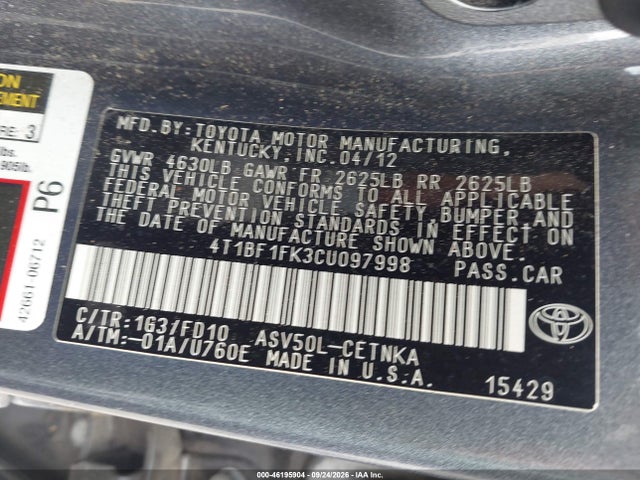Aukcja sprzedaży 2012 Toyota Camry Le, vin: 4T1BF1FK3CU097998, numer aukcji: 46195904
