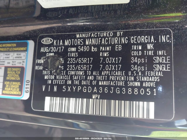 Продаж на аукціоні авто 2018 Kia Sorento 2.4l Lx, vin: 5XYPGDA36JG388051, номер лоту: 46195906