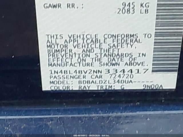 46195912 :رقم المزاد ، 1N4BL4BV2NN334417 vin ، 2022 Nissan Altima S Fwd مزاد بيع