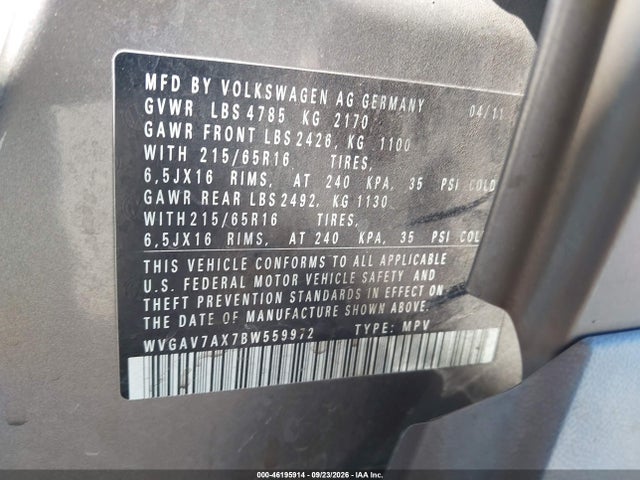 Aukcja sprzedaży 2011 Volkswagen Tiguan S, vin: WVGAV7AX7BW559972, numer aukcji: 46195914