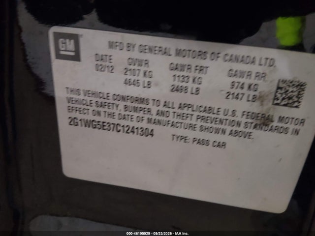 Aukcja sprzedaży 2012 Chevrolet Impala Lt, vin: 2G1WG5E37C1241304, numer aukcji: 46195929
