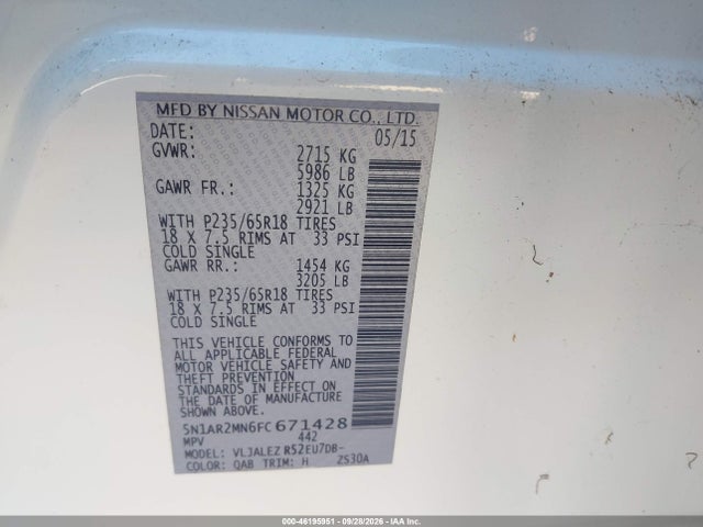 Aukcja sprzedaży 2015 Nissan Pathfinder Sv, vin: 5N1AR2MN6FC671428, numer aukcji: 46195951