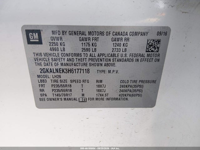 Aukcja sprzedaży 2017 Gmc Terrain Sle-2, vin: 2GKALNEK3H6177118, numer aukcji: 46195954