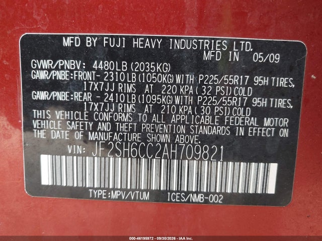 Продаж на аукціоні авто 2010 Subaru Forester 2.5x Premium, vin: JF2SH6CC2AH709821, номер лоту: 46195972