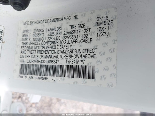 Aukcja sprzedaży 2016 Honda Cr-v Se, vin: 5J6RM4H43GL098647, numer aukcji: 46195976
