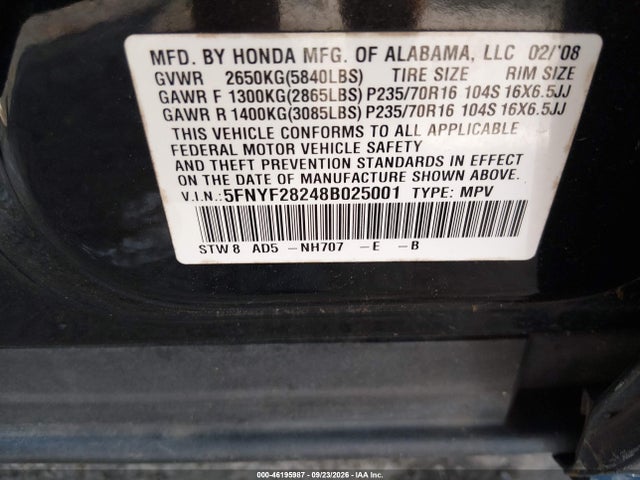 Продажа на аукционе авто 2008 Honda Pilot Vp, vin: 5FNYF28248B025001, номер лота: 46195987