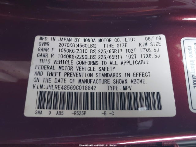 Продаж на аукціоні авто 2009 Honda Cr-v Ex, vin: JHLRE48569C018842, номер лоту: 46195989