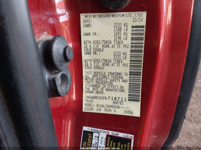 2015 Nissan Frontier Sv მანქანა იყიდება აუქციონზე, vin: 1N6AD0CU5FN718711, აუქციონის ნომერი: 46196008