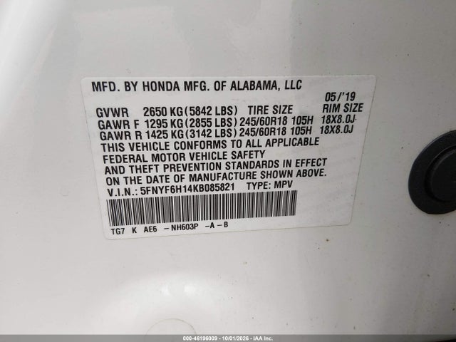 46196009 :رقم المزاد ، 5FNYF6H14KB085821 vin ، 2019 Honda Pilot Lx مزاد بيع
