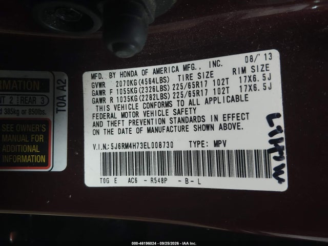 46196024 :رقم المزاد ، 5J6RM4H73EL008730 vin ، 2014 Honda Cr-v Ex-l مزاد بيع