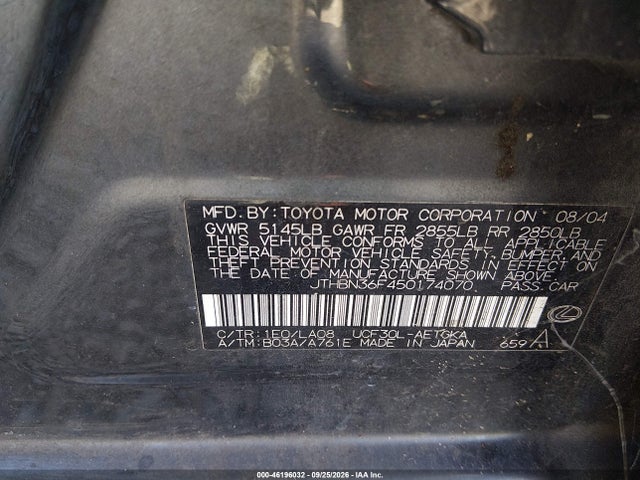 Aukcja sprzedaży 2005 Lexus Ls 430, vin: JTHBN36F450174070, numer aukcji: 46196032