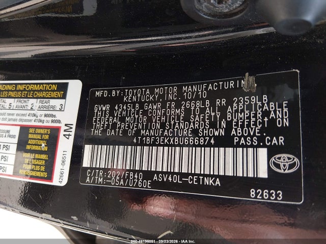 2011 Toyota Camry მანქანა იყიდება აუქციონზე, vin: 4T1BF3EKXBU666874, აუქციონის ნომერი: 46196051