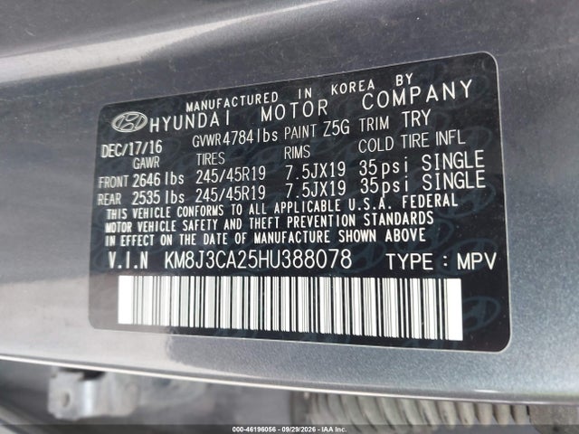 Aukcja sprzedaży 2017 Hyundai Tucson Sport, vin: KM8J3CA25HU388078, numer aukcji: 46196056