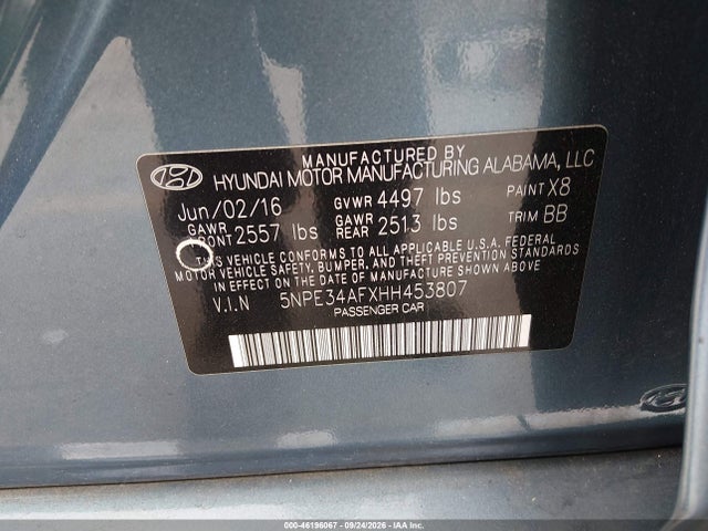 46196067 :رقم المزاد ، 5NPE34AFXHH453807 vin ، 2017 Hyundai Sonata Sport مزاد بيع