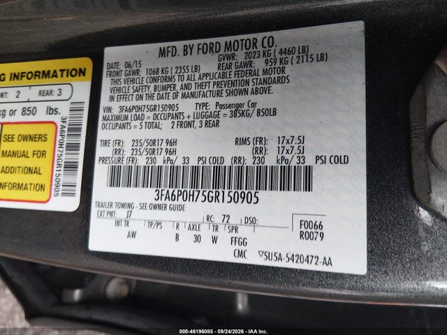 Продаж на аукціоні авто 2016 Ford Fusion Se, vin: 3FA6P0H75GR150905, номер лоту: 46196085