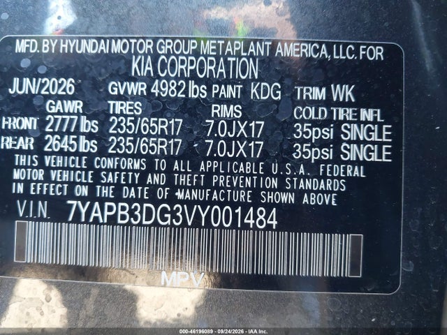 46196089 :رقم المزاد ، 7YAPB3DG3VY001484 vin ، 2027 Kia Sportage مزاد بيع