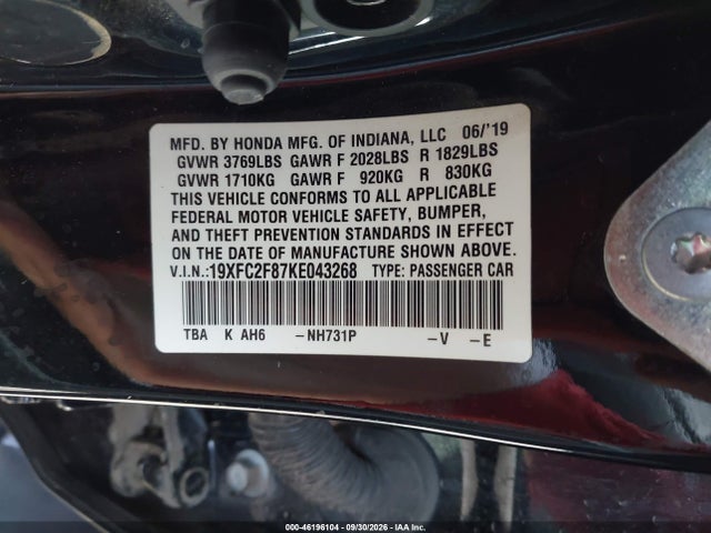 Aukcja sprzedaży 2019 Honda Civic Sport, vin: 19XFC2F87KE043268, numer aukcji: 46196104