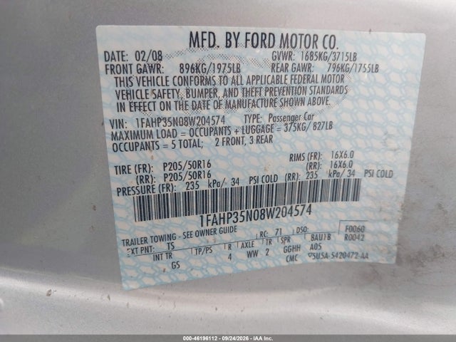 Aukcja sprzedaży 2008 Ford Focus Se/ses, vin: 1FAHP35N08W204574, numer aukcji: 46196112