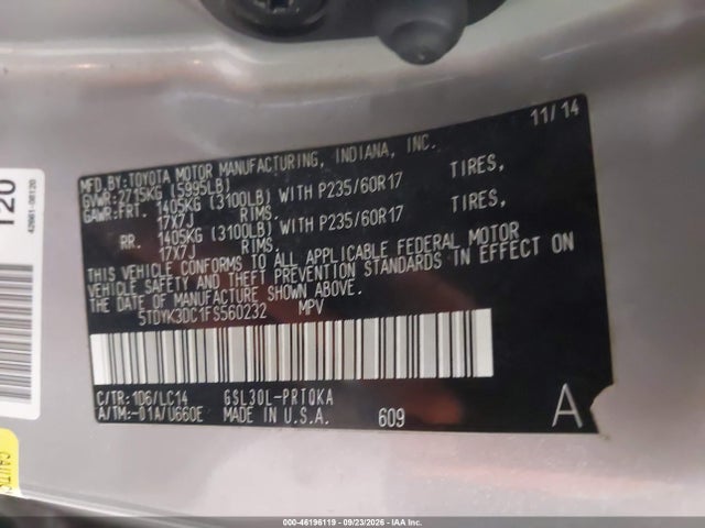 46196119 :رقم المزاد ، 5TDYK3DC1FS560232 vin ، 2015 Toyota Sienna Xle 8 Passenger مزاد بيع