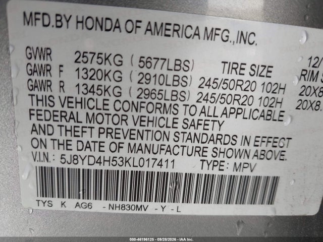 46196125 :رقم المزاد ، 5J8YD4H53KL017411 vin ، 2019 Acura Mdx Tech Pkg مزاد بيع