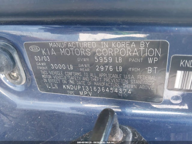 Aukcja sprzedaży 2003 Kia Sedona Ex/lx, vin: KNDUP131636454374, numer aukcji: 46196129