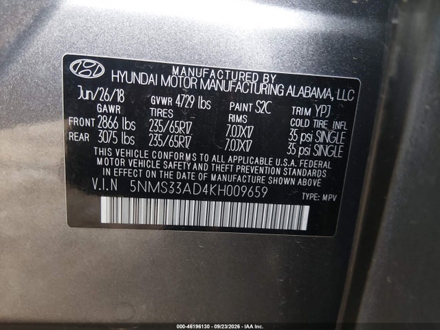 Aukcja sprzedaży 2019 Hyundai Santa Fe Sel, vin: 5NMS33AD4KH009659, numer aukcji: 46196130