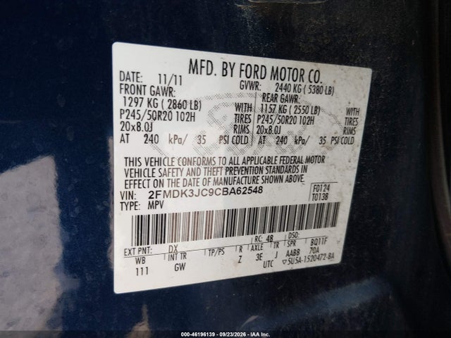 Продажа на аукционе авто 2012 Ford Edge Sel, vin: 2FMDK3JC9CBA62548, номер лота: 46196139
