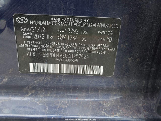 Продаж на аукціоні авто 2013 Hyundai Elantra Gls Pzev, vin: 5NPDH4AE0DH257924, номер лоту: 46196169
