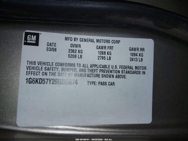46196181 :رقم المزاد ، 1G6KD57Y26U208374 vin ، 2006 Cadillac Dts 1sb مزاد بيع