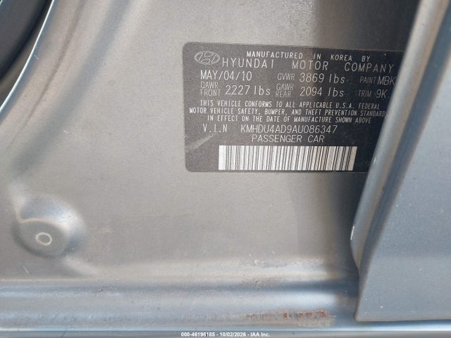 46196185 :رقم المزاد ، KMHDU4AD9AU086347 vin ، 2010 Hyundai Elantra Gls مزاد بيع